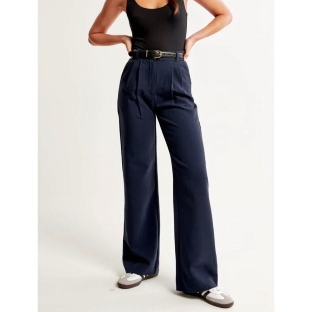 Abercrombie & Fitch Navy Blue High Rise Pleated Wide Leg Trousers Pants Size SL
